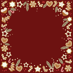 Vector illustration. Frame, template, invitation, background with place for writing. Christmas cookies, gingerbread on a red background. The concept of New Year holidays, Christmas.
