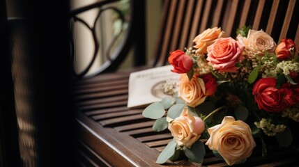 A garden bench adorned with a bouquet of roses and a 'Happy Mother's Day' cushion, suggesting a peaceful afternoon