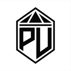 PU Letter Logo monogram simple hexagon shield shape with triangle crown isolated style design