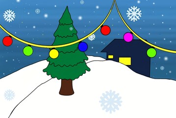 Christmas landscape with tree, snow, Christmas decorations and house in the background