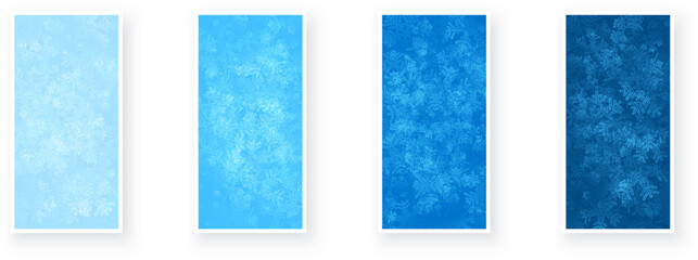 Set of winter paper cards with blue winter background and detailed transparent snowflakes.