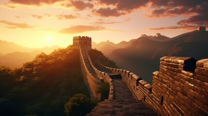 great wall passing through green mountains on a sunny day - obrazy, fototapety, plakaty