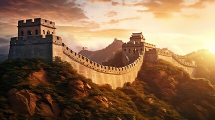 long wall leaning on a huge mountain, blue sky, orange sun, clouds in high quality