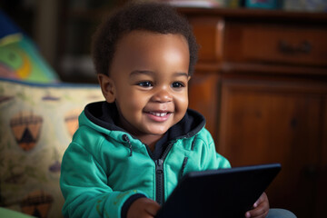 Happy toddler boy engaging with a tablet at home, smiling.