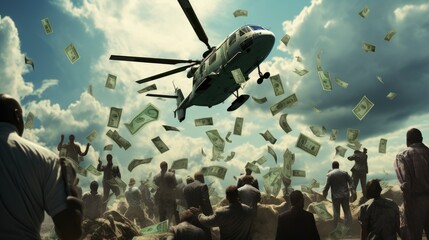 money drop from air to people in the city comeliness, concept of recession rescue by monetization economy - obrazy, fototapety, plakaty