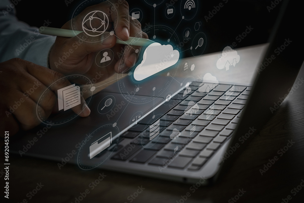 Poster businessmen work in cloud computing. cloud service computing and global communication cloud data tra