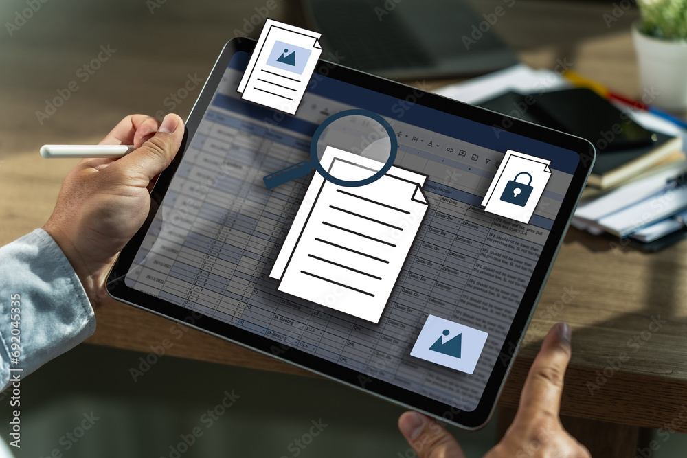 Poster businessman working with laptop computer document online in doc documents software for online analys