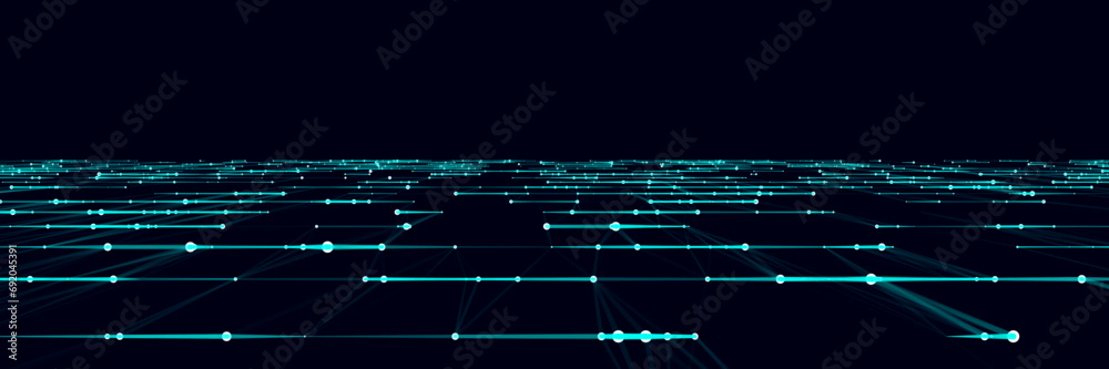 Poster Wave of particles and lines. Big data visualization. Abstract background with a dynamic wave. Vector illustration.
