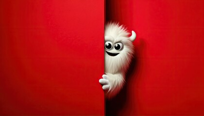 cunning plush white monster peeks from a corner, bright red background adding playful mischief