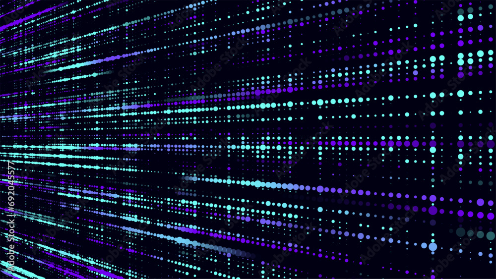 Poster Futuristic blue dots background. Abstract glitch background. Texture corrupted binary code. Technology of many glowing particles. Artificial intelligence. Big data visualization. Vector illustration.