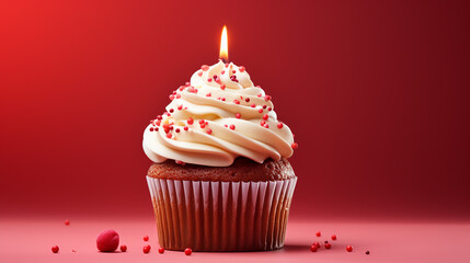 Red birthday cupcake with candle. 