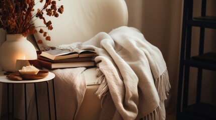 A serene corner of a home with a cozy armchair, a stack of novels, and a soft throw blanket, prepared for a Mother's Day of relaxation and reading