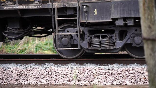 Close-up of train wheels in motion
