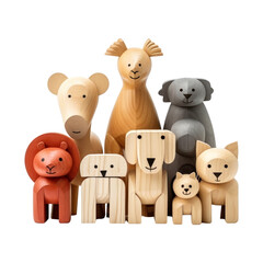 Set of wooden funny animals. Isolated on transparent background.
