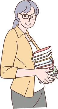 Illustration of femel teacher holding books characters. Hand drawn style.