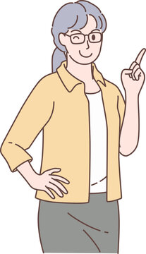 Illustration of femel teacher pointing characters. Hand drawn style.