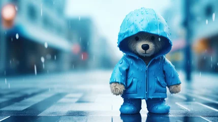 Fototapeten A small, soft toy tired bear walk through the rainy street background. The bear is wet and miserable, and its mouth in sad smile. Blue Monday concept. Banner. Copy space © Garnar