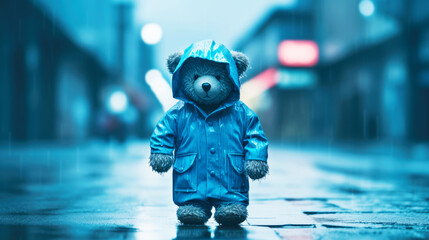 A blue toy bear walks through the wet rainy street background. Reflections in puddles from the streetlights and lanterns. Blue Monday and mental problem concept. Banner. Copy space