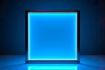 rectangular neon frame in vertical position with colored light shining along a metal beam, hard-edged lines, poured resin, precisionist lines, light blue