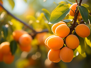 Close-up of ripe apricots nestled on a branch against a blurred background. 