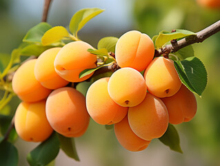 Close-up of ripe apricots nestled on a branch against a blurred background. 