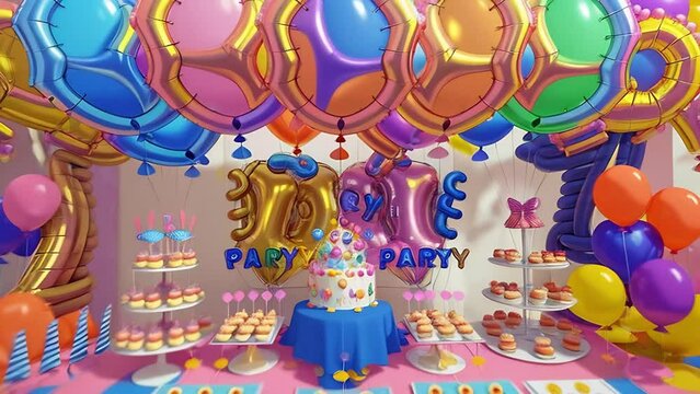 Birthday celebration, children's party. Colorful cakes and variety of sweets with bright balloons on a pink background.