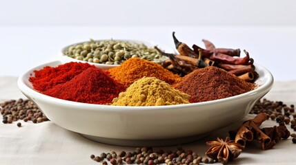 a striking medley of spices in a bowl, their rich tones contrasting beautifully with the immaculate white background.
