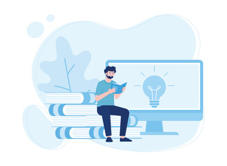 man reading book online concept flat illustratiuon