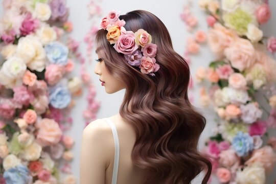 asian woman with long curly hair wearing flower wreath against flowery wall background