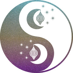 yin yang mit Mond in türkis-gelb-violett Glitzer Textur mit transparentem Hintergrund - obrazy, fototapety, plakaty