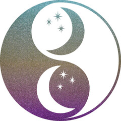 yin yang mit Mond in türkis-gelb-violett Glitzer Textur mit transparentem Hintergrund - obrazy, fototapety, plakaty