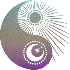 yin yang mit Sonne und Mond in türkis-gelb-violett Glitzer Textur mit transparentem Hintergrund - obrazy, fototapety, plakaty