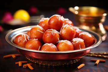 Traditional Indian food, sweet Gulab Jamun balls in a metal plate with cinnamon sticks.