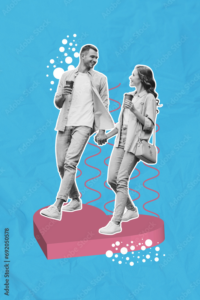 Canvas Prints Creative vertical poster collage walking couple date drinking coffee tea hold cup young lovers romantic feelings sympathy share