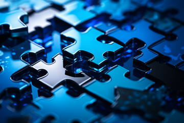 An abstract puzzle background featuring digital technology. Blue banner.