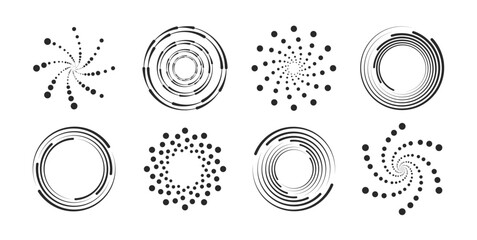 Halftone dots in circle form. round logo. Round dotted pattern geometric background. Dotted circle, vintage abstract dot halftones frames and random dots circles.
