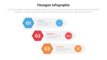 hexagon or hexagonal honeycombs shape infographics template diagram with round rectangle stack on waterfall structure with 3 point step creative design for slide presentation - obrazy, fototapety, plakaty