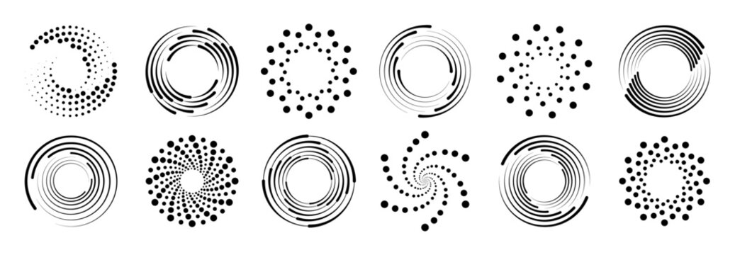 Circle dotted speed lines. Abstract round halftone circle frames, rotating dotted circle shapes. Big collection of round Logos.	