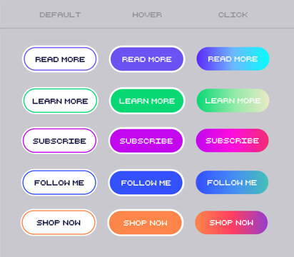 Set of vector modern material style buttons. Different gradient colors and icons on white forms with shadows. Retro 80s gradient buttons. Bright colors, gaming style buttons for social media, website.