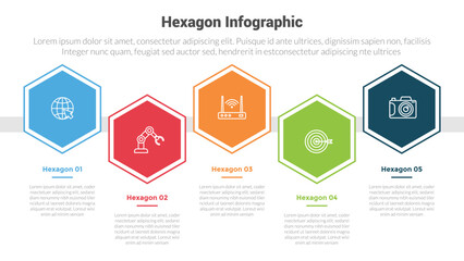 Fototapeta premium hexagon or hexagonal honeycombs shape infographics template diagram with timeline horizontal up and down with 5 point step creative design for slide presentation
