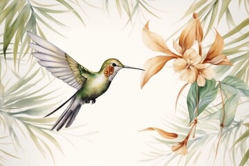 Flying hummingbird with flower. Hummingbird watercolor illustration. Watercolor isolated bird