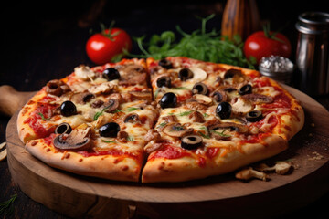 Freshly baked pizza with mushrooms and olives on a wooden board.