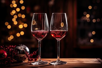 two glasses of red wine, anniversary celebration with festive background