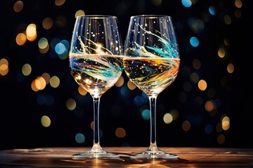 two glasses of white wine on the table, sparkling and blurred background