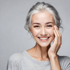 woman touch face with smooth healthy skin beautiful aging young looking woman with gray hair