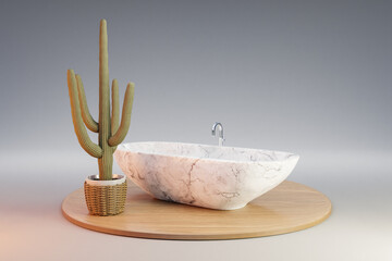 cozy bathbutb with cactus on wooden podest on infinite background; 3D Illustration