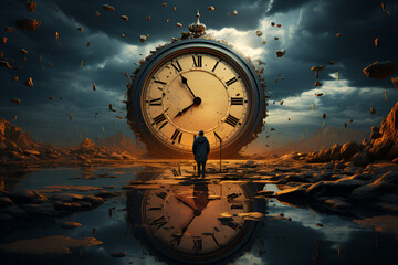 Infinity and other time-related concepts. A man stands in front a clock. - obrazy, fototapety, plakaty