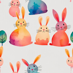 Fototapeta premium Colorful background with paper texture, colorful and stylized bunnies, watercolor art style - Seamless texture tiles