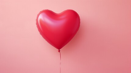 a vibrant red heart-shaped balloon against a soft, pastel pink background.