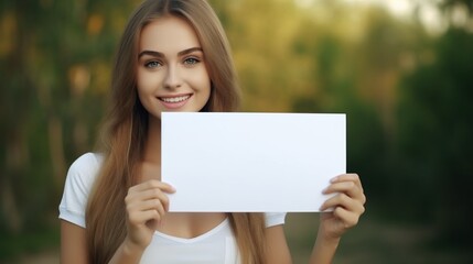 a happy woman holding blank paper in her portrait .